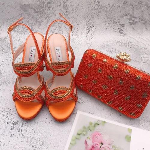 BS1261 Custom Made Shoes With Matching Bag Set Strappy Dress Sandal Women Shoes Orange Gold Crystal Bridal Wedding Shoes