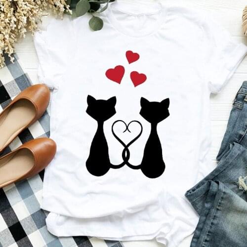 Women Lady Cartoon Love Sweet Cat Clothing Pet 90s Cute Print Tshirt Shirt Clothes Top Graphic Female T Tee Womens T-shirt