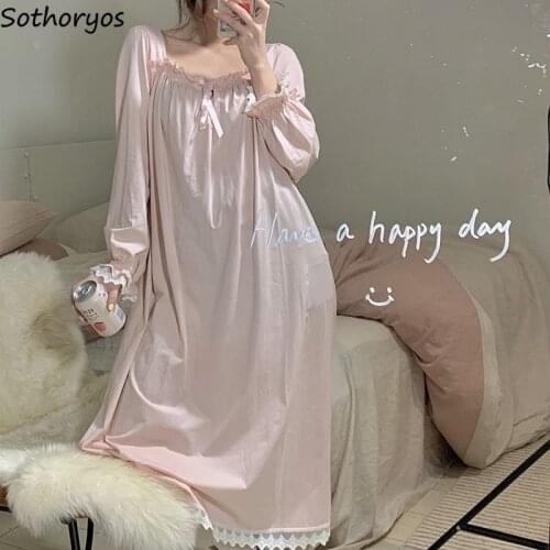 Women Long Sleeve Sleepshirts Sweet Girls Square Collar Loose Large Size S-4XL Nightgowns Cozy Trendy Lace Spring Females Lounge