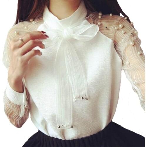 Womens Shirt Long Sleeves Top Elegant Organza Bow Shirts Chiffon Blouses Women Clothing Blusas