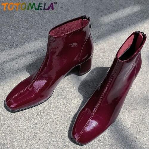 TOTOMELA 2020 Natural genuine leather boots women zipper solid color retro wine red thick high heels ankle boots female shoes