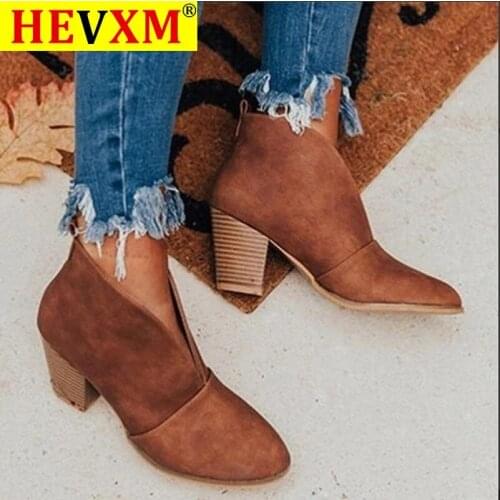 2020 New Winter Women Boots V Cutout Ankle Boots Stacked Heel Booties Fahsion Chelsea Boots PU Botas Zapatos Mujer SIze 34-43