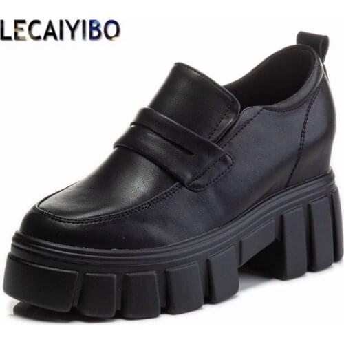 Punk Goth Increasing Height Shoe Women Genuine Leather Ankle Boots Platform Wedge High Heel Oxfords Pull On Creeper Shoes 34 -39