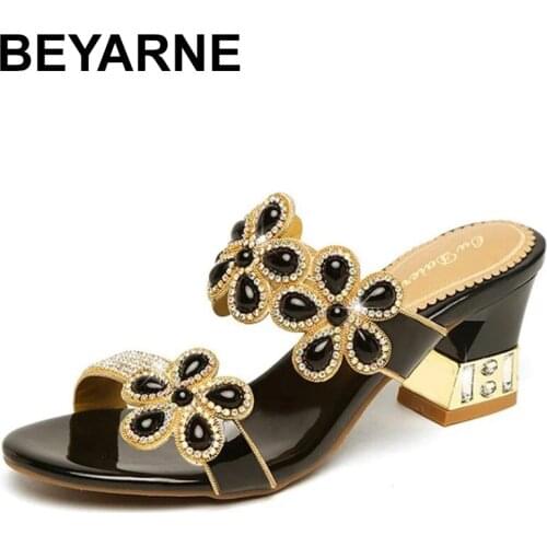 BEYARNE Hot Summer Elegant Fashion Women Casual Shoes Thick with Sandals Peep-toe Beach Shoes Mid Heel Bright Gold Silver 3Color