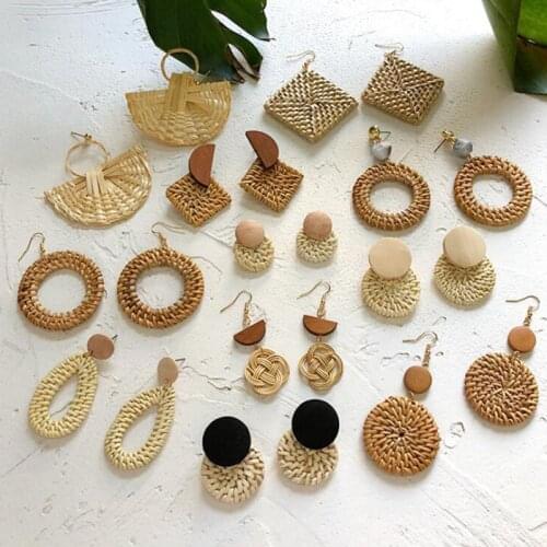 New Fashion Korea Handmade Geometric Wooden Big Hollow Out Square Rattan Straw Weave Drop Earrings for Women2019