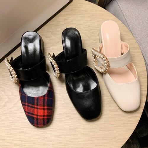 YMECHIC Fashion String Bead Big Buckle Design Rhinestone Block Heel Party Shoes Women Plus Size Mary Jane Mule Plaid Pumps Beige