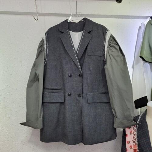 SeeBeautiful Contrast Color Loose Blazer Coat Notched Long Sleeve Double Breasted Pockets New Fashion Autumn 2021 Woman G083