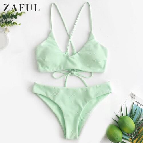 ZAFUL Criss Cross Textured Padded Bikini Swimsuit Women Sexy Bandage Cami Bikini Set Feme Summer Brazilian Bathing Suit Swimwear