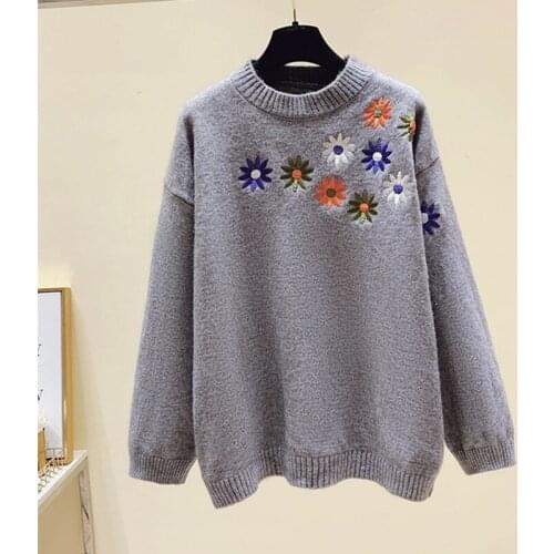 2020 New Autumn Winter Women Thicken Warm Knitted Pullover Sweater High Quality Sweet Flowers Embroidery Loose Sweater