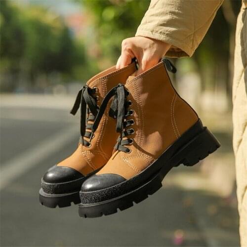 Winter Boots Women 2020 Canvas Grain Cowhide Ankle Boots Women Boots with Round Toe Lace Up Chunky Heel Platform Shoes