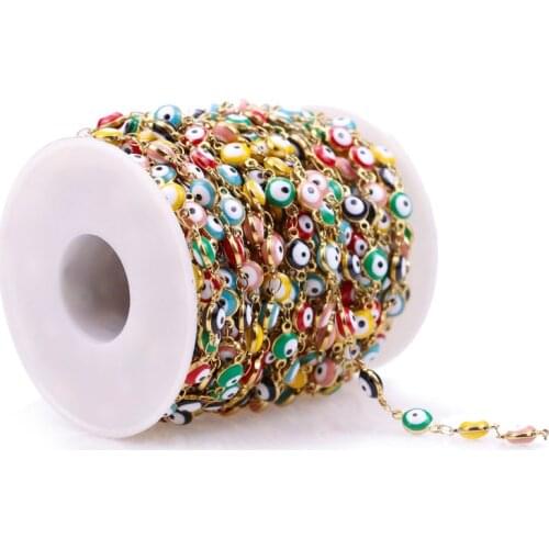 1Meter Width 6mm Gold Stainless Steel Evil Eye Connect Enamel Chains for DIY Bracelet Necklaces Jewelry Making Supplies Luxury
