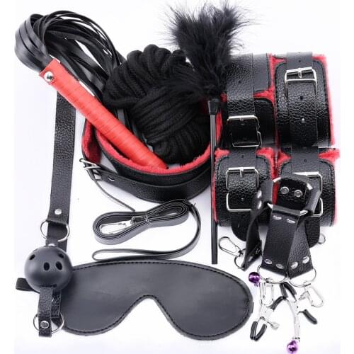 10 Pcs/Set Women Leather Plush BDSM Bondage Sex Handcuffs Whip Blindfold Mask Rope Erotic Sex Toys For Adults Sexy Lingerie