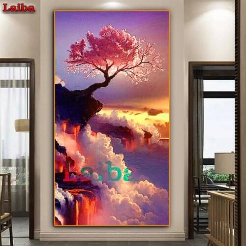 Large 5D square round Diamond Painting Sunset tree Embroidery Cross Stitch Rhinestone Mosaic Japanese cherry blossom view Decor