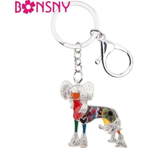 Bonsny Statement Enamel Alloy Chinese Crested Dog Key Chains Keychain Keyrings Jewelry For Women Ladies Pendant Bag Car Charms