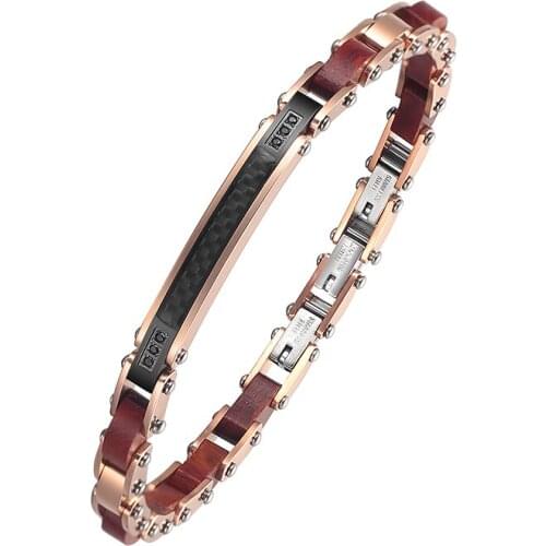 Thin Bend Brand Inlaid With Black Zircon Black Carbon Fiber Rose Gold Stainless Steel Red Sandalwood Bracelet