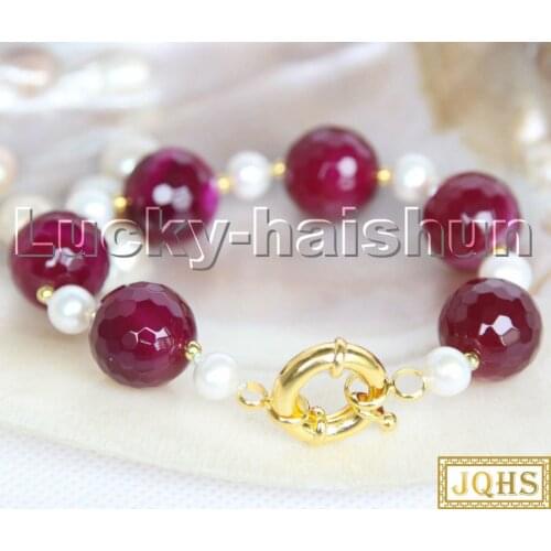Natural 8" 14mm round diced faceted rose purple agates white pearls Bracelet c210
