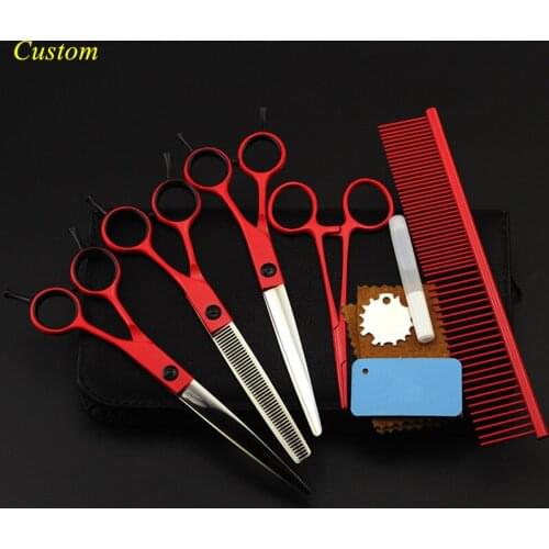 Custom 5 kit japan 440c 7 inch red Pet dog grooming hair scissors cutting shears pet thinning barber hairdressing scissors set