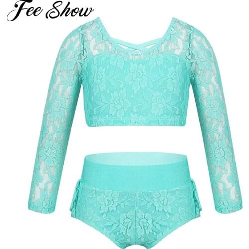 Kids Girls Two-Piece Dancewear Outfit Lace Criss Cross Back Crop Top with ruffled Briefs Set for Dancing Stage Performance
