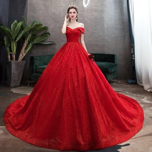 Red Wedding Dress 2021 New Elegant Boat Neck Luxury Lace Sequins 1.3m Long Train Off The Shoulder Vestido De Noiva Customize