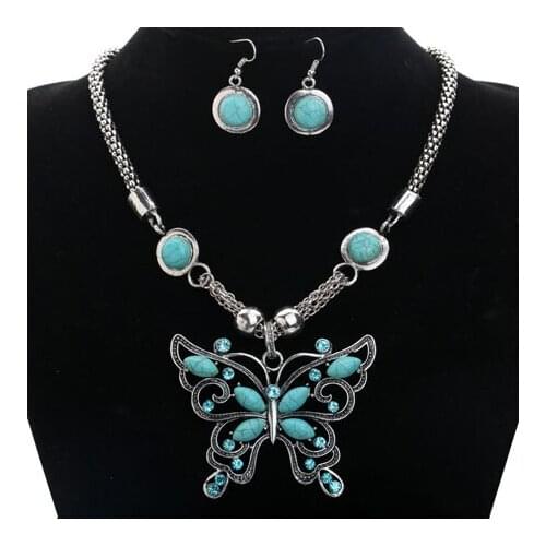Metal Fashion Dragonfly Semi Stone Pendant Necklace and earing Vintage Calaite Necklace