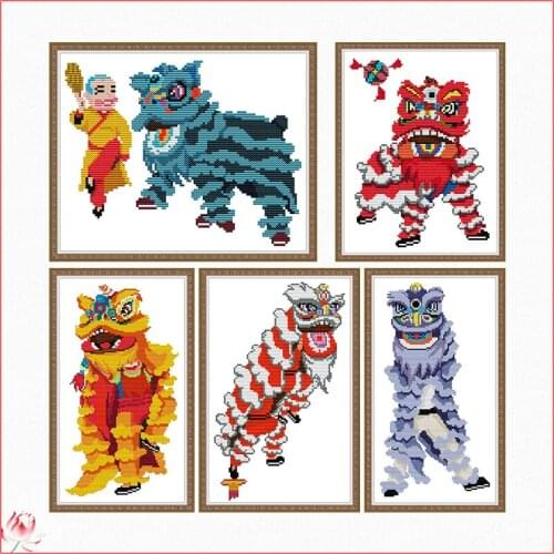 Cartoon Character Cross Stitch Kit 14CT 11CT Canvas DIY Lion Dance Pattern Needlework Embroidery Kit Home Decoration Painting
