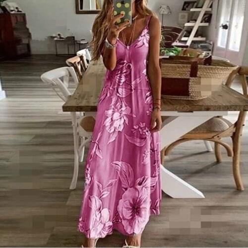 Women Spaghetti Strap Dress Summer Fashion Floral Print Boho Womens Dresses Sexy Beach Sleeveless Plus Size Female Maxi Dress