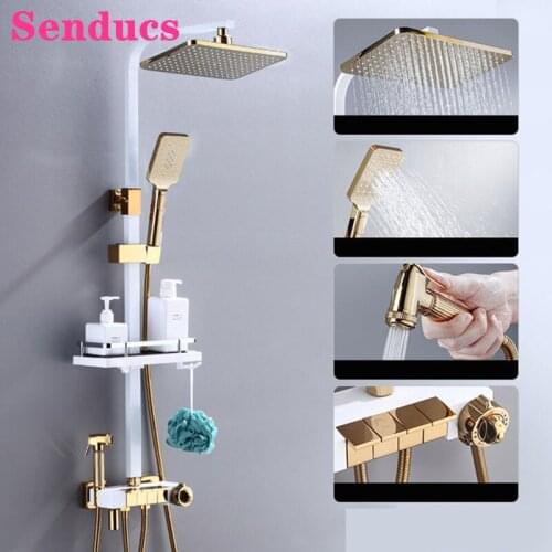 Piano Bathroom Shower Set Newly Arrival Black Gold Thermostatic Bathroom Mixer Faucets Rainfall Hot Cold Piano Shower System