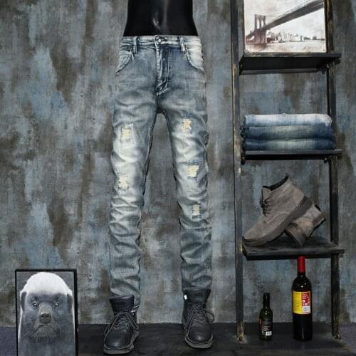 High quality European and American style mens ripped nostalgic slim straight stretch casual jeans