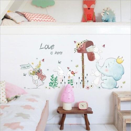 Vivid Cartoon elephant and rabbit childrens room wall sticker study bedroom wall decoration art mural kids room decoration