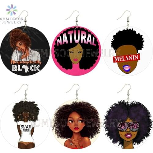 SOMESOOR Melanin Girl Gang Afro Natural Hair Wooden Drop Earrings African Black Unapologetically Design Jewelry For Women Gifts