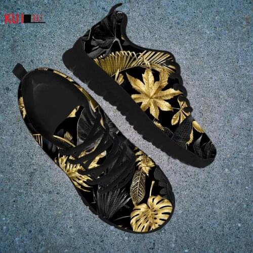 KUILIU Women Casual Sneaker Shoes Golden Leaves Designer Flat Shoes Free Shipping Custom Breathable Mesh Luxury Brand Sneakers