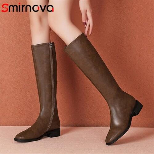 Smirnova 2022 Hot Sale Genuine Leather Shoes Women Knee High Boots Square Toe Zip Low Heels Comfortable Riding Boots Female