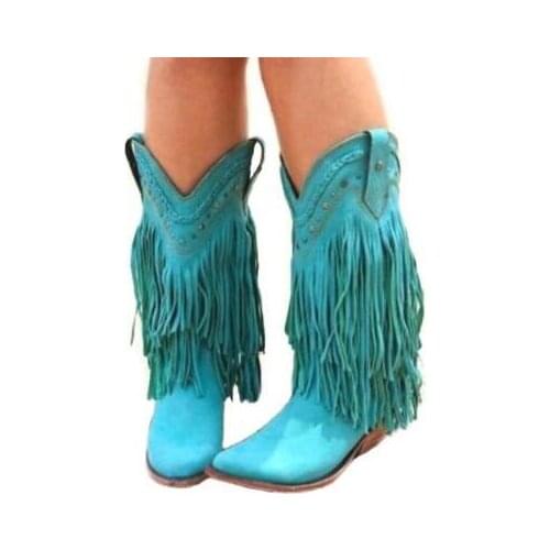 Blue Tassel Boots Women Mid-calf Low Heel Motorcycle Boots Fringed Cowboy Boots Shoes Bohemia Style Gladiator Booties Customized