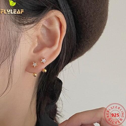 100% 925 Sterling Silver Earrings For Women Star Gold Fine Jewelry Earings Fashion Jewelry Zircon Screw Buckle Round Bead