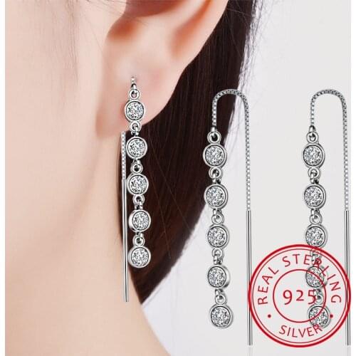 Luxury 925 Sterling Silver Geometric Long Tassel Circle AAA Zirconia Crystal Drop Earrings for Women Sterling Silver Jewelry