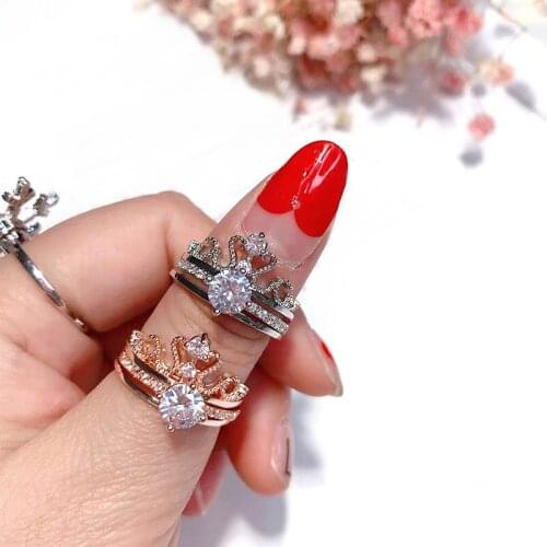 Sparkling Zircon Crown Rings For Women Rose Gold Color 2pcs Ring Set Wedding Party Fashion Jewelry Adjustable Bijoux Gift