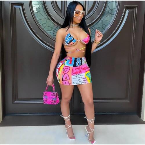 2021 Summer Sexy Swimwear Women Print Bandage Backless Sling Tube Top Swimsuit Sleeveless Two Piece Skirt Sets