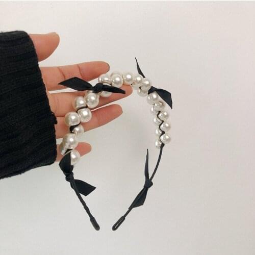 TIMEONLY Korean Fashion Simulation Pearl Cloth Bowknot Hairband Black Color Retro Hairwear Festival Gifts Women Girls Jewellry