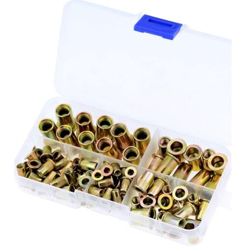 100pcs Box Carbon Steel Rivet Nuts Carbon Steel M3 M4 M5 M6 M8 M10 M12 Flat Head Rivet Nuts Set Hardware Parts