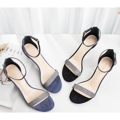 2020 Top seller - Women sandals women sandals Flock Sequined Cloth Buckle Strap 6.5CM Thin High Heels Round Toe Shallow shoes