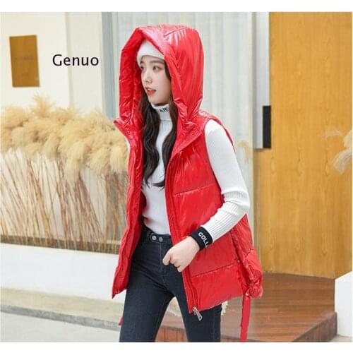 2020 Winter Womens Long Vest Shiny Solid Hooded Sleeveless Jacket Plus Size Stand Collar Cotton Padded Thick Casual Outwear