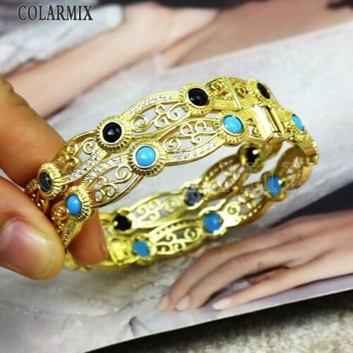 3Pcs Hollow Bangle Gold color Metal Bangle Colorful stone bangle Mix color metal Bracelet Mix color Women bangle 31433