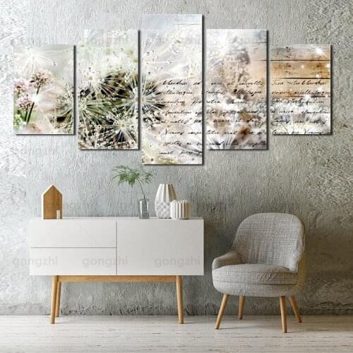 Modern Nordic Style Dandelion English Text Beautiful Home Wall Painting Fashion Frameless Canvas Printing 5Pcs Decorative Poster