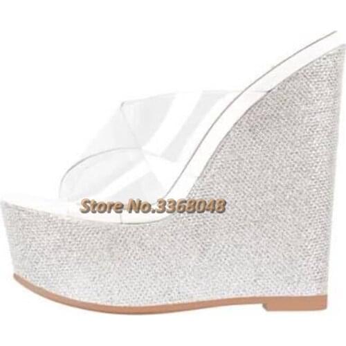 Wedges Bling Bling Heel Clear PVC Shoes Open Toe Slip On Platform Ladies Dress Slides Open Heel Cross Strap Slippers