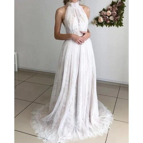 Boho Long Lace Wedding Dresses for Bride 2021 A Line Sleeveless O Neck Bridal Gowns vestido de noiva