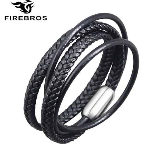 FIREBROS Silver Color Stainless Steel Magnet Buckle Multilayer Braid Leather Charm Bracelet Men Women Jewelry Gift Wholesale