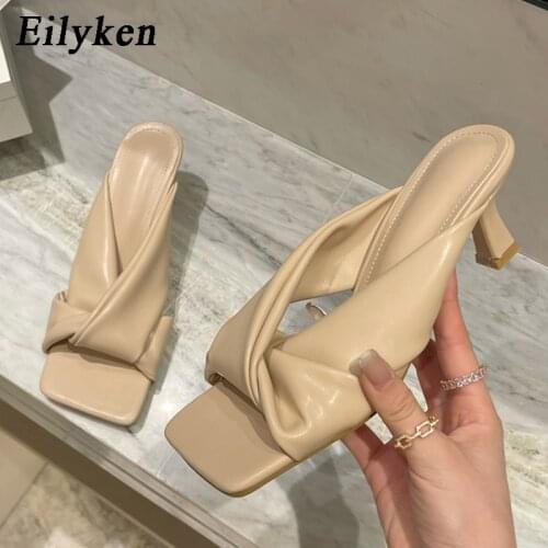 Eilyken New Square Toe Mules Slippers Women Summer Shoes Fashion Pleated Rome Design High Heels Shallow Leisure Slides Shoes