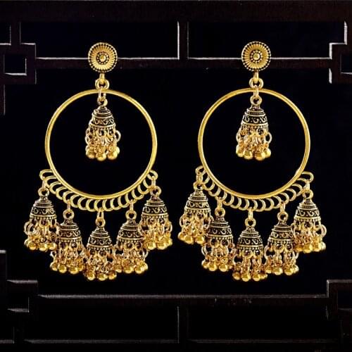 Classic Womens Big Round Gold Jhumka Earrings Indian Jewelry Handmade Tribe Vintage Ethnic Bohemia Bell Tassel Stud Earrings