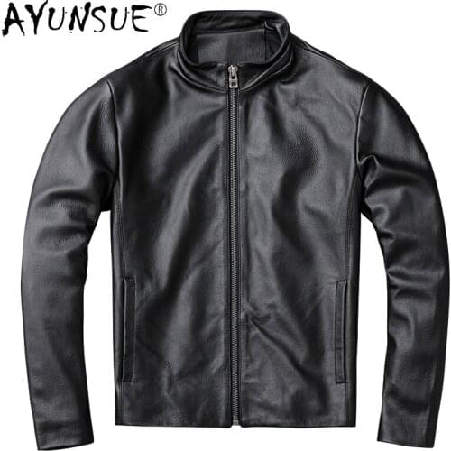 2021 Fashion Real Cowhide Leather Jacket Short Motorcycle Coat Stand Collar Streetwear Mens Clothing Chaquetas Hombre WPY3737
