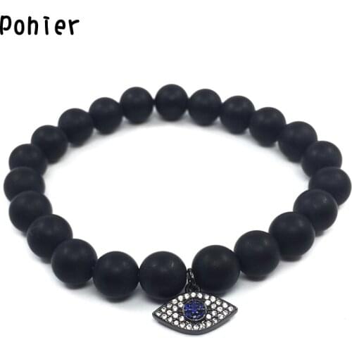 POHIER New Trendy Blue Turkey Evil Eye Charm Bracelets for Men Bracelet Black Agates Beads Men Jewelry pulseira masculina